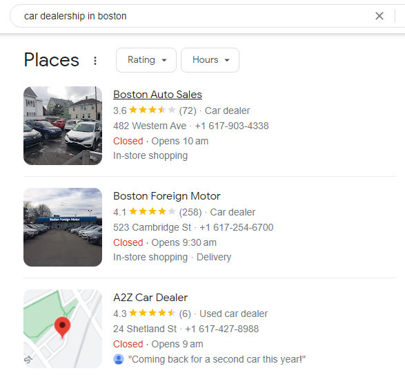 Screenshot of three car dealerships in Boston, from their Google My Business listing.