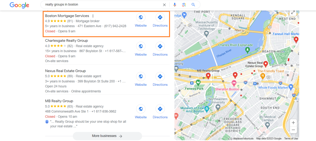 Screenshot showing realtor agents in Boston