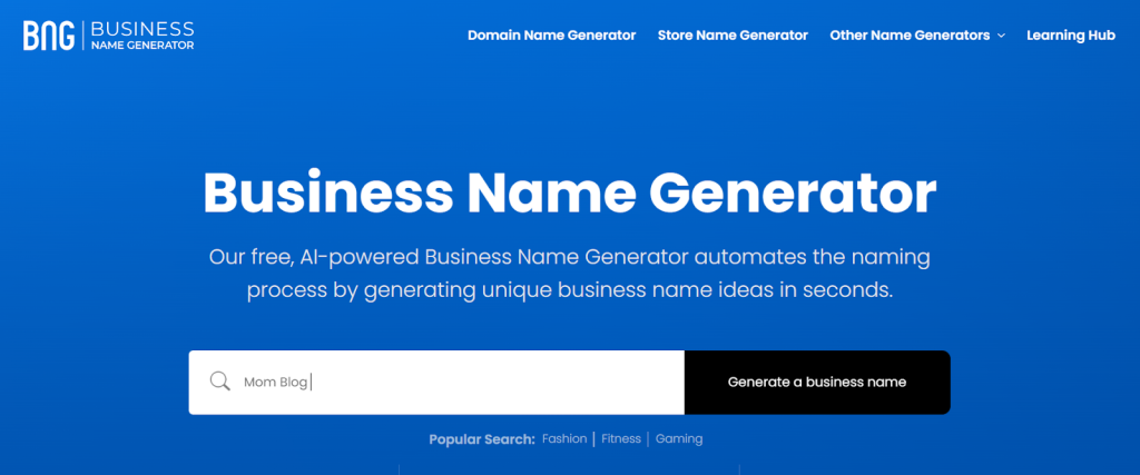 Screenshot of Business Name Generator page