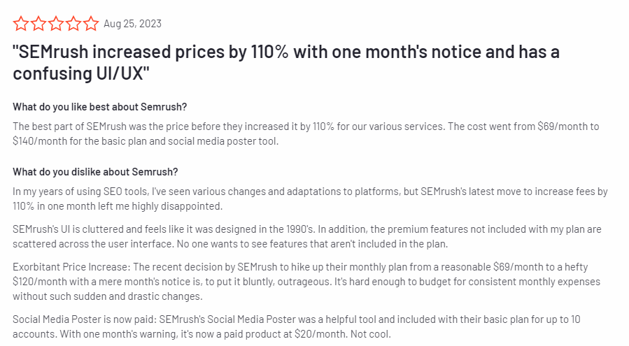 Screenshot of a poor review for Semrush regarding increased prices
